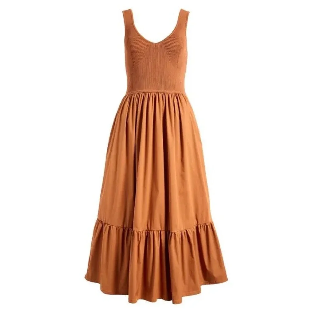 ASTR The Label Midi Dress Mixed Media Fit & Flare Sleeveless Poplin Brown Small - Picture 1 of 12